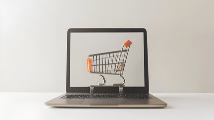Online shopping concept with miniature shopping cart standing on keyboard of laptop on white background