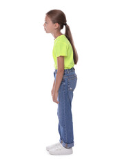 Girl with incorrect posture standing on white background