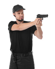 Young bodyguard using gun on white background