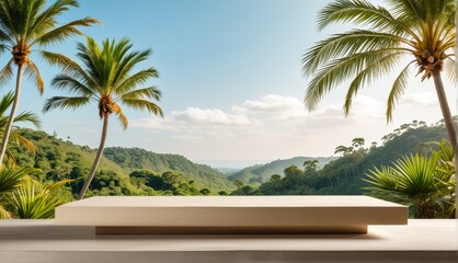 Fototapeta premium Beige Tabletop in Jungle Setting with Sky Background