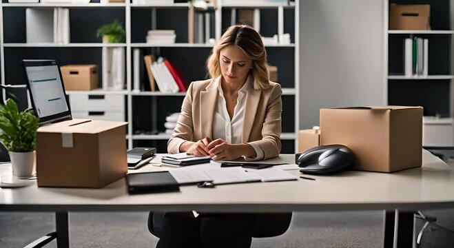 Fired woman collecting her things from the office.