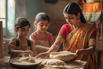 Family baking together, children learning from grandmother in cozy home