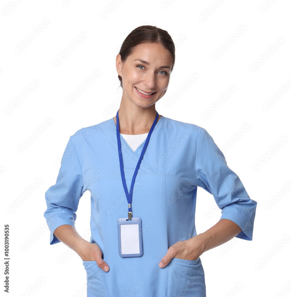 Wall mural Nurse in medical uniform with badge on white background