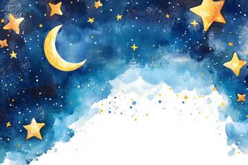 Naklejka premium A watercolor painting of a night sky with a crescent moon and golden stars creating a dreamy and magical atmosphere in blue tones 