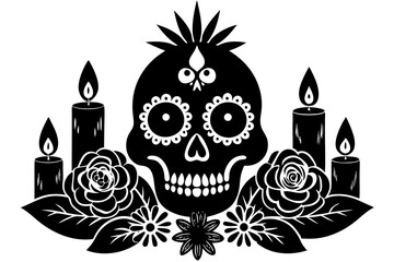 Dark moody baroque background with skulls, flowers, candles and ornaments for Halloween, Day of the dead, Santa Muerte and All Souls' Day