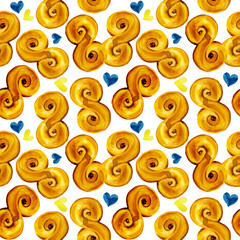 Swedish fika pastry lussekatt watercolor illustration. Saint Lucia celebration dessert.