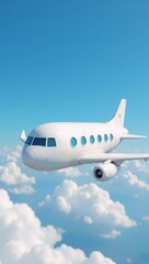 Obraz premium A cute cartoon-style 3D realistic white airplane featuring blue portholes and wings seen from an angled perspective