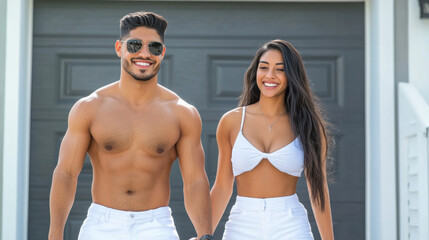 A man and woman in white shorts holding hands walking towards a garage, AI