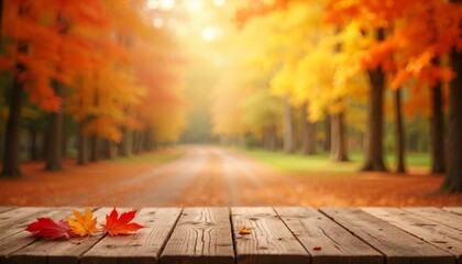 Autumn background with empty wooden table, red and yellow leaves and blurred background
