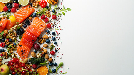 Salmon Fillets with Fresh Fruits and Seeds, Healthy Food Layout