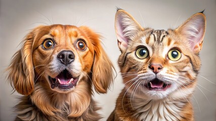 Fototapeta premium Banner two funny pets listening expression. dog and curious cat. Isolated colored background.