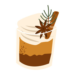 Hot Christmas winter drink. Cup with coffee, tea with cinnamon, hot chocolate with whipped cream and candy cane. Cute mug for Xmas, New year or winter holidays vector illustration isolated on white.