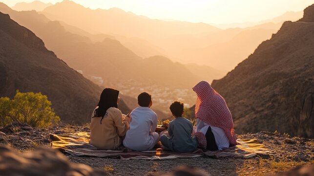 A family picnic set against the stunning backdrop of Taif, Saudi Arabia where laughter and delicious food come together amidst breathtaking scenery.”