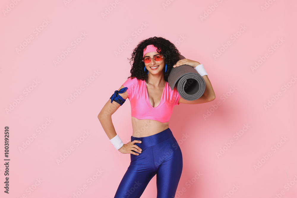 Canvas Prints Aerobics. Happy woman with fitness mat on pink background