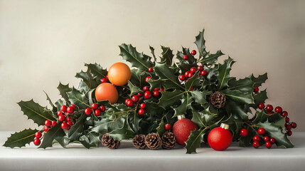 Christmas Tree Branches with Red Berries and Warm Holiday Lights
