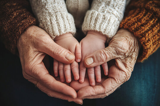 Close-up of an elderly person holding a child's hands, both wearing cozy sweaters, symbolizing warmth and connection across generations
