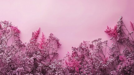 Fototapeta premium Random flowers on soft color background, romantic feminine composition, wedding invitation concept.