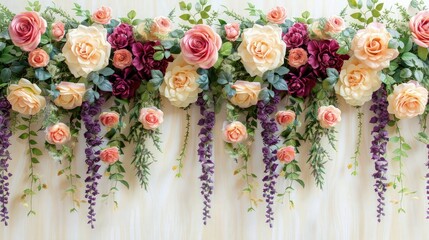 Random flowers on soft color background, romantic feminine composition, wedding invitation concept.