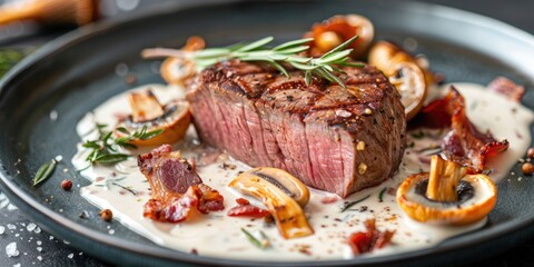Detailed view of dry-aged wagyu roast beef served with chanterelles and bacon in a creamy sauce on a contemporary plate.