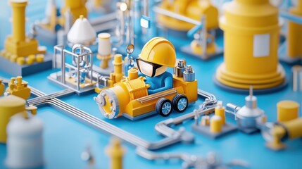 Fototapeta premium Colorful Cartoon Construction Scene with Tiny Worker