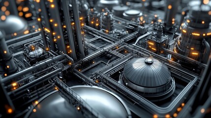 Fototapeta premium Industrial Complex with Pipes and Tanks at Night