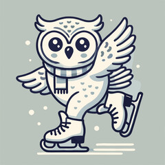Cute owl skating on ice in a playful illustration with a scarf on a pastel background and copy space