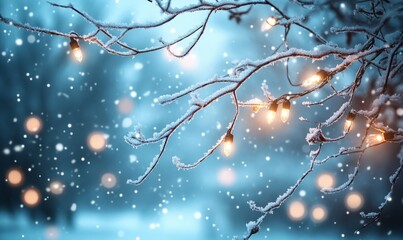 A serene winter scene with softly glowing Christmas lights hanging from frosted branches, surrounded by gently falling snowflakes