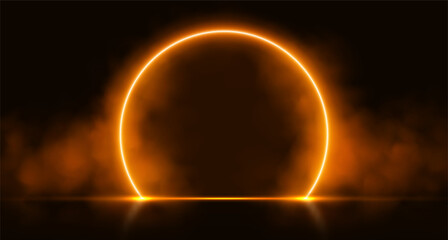 Neon arch with smoke, orange glowing portal, futuristic circle gate, magic stage with vapor. Vector illustration.