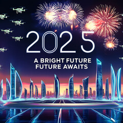 New Year Celebration 2025 -colorful balloons in the background of vibrant fireworks lighting up the night sky.