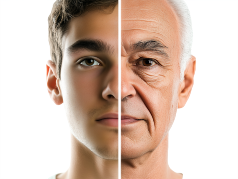 A split-screen portrait of a young man and elderly senior of himself, isolated on a transparency background.