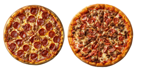 Two pizza, pepperoni and meat lovers toppers, on a transparency background.