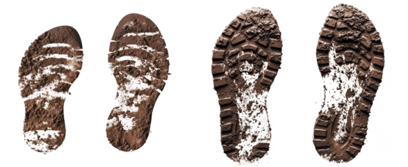 Two muddy pair of boots foot prints, on a transparency background.