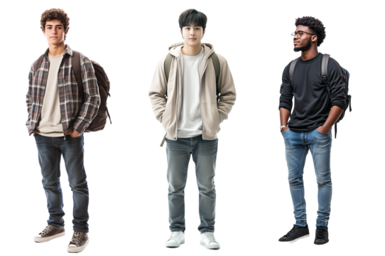 Three male students in different outfits, transparency background.