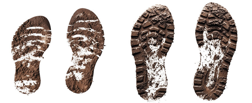 Two muddy pair of boots foot prints, on a transparency background.