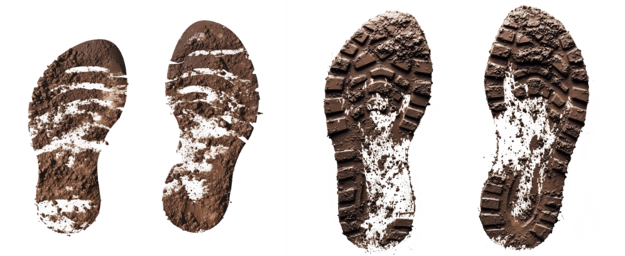 Two muddy pair of boots foot prints, on a transparency background.