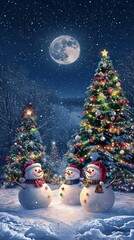 Obraz premium A delightful scene of three snowmen surrounded by beautifully adorned Christmas trees under a starry sky, highlighting a joyful wintertime celebration in nature.