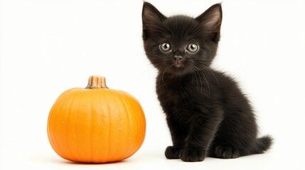 Black kitten with pumpkin on a white background
