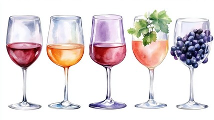 A vibrant set of watercolor wine glasses, beautifully illustrating winemaking products, perfect for capturing the essence of vintage charm in a vector format.