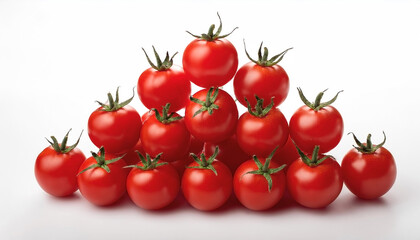 Bright red cherry tomatoes, neatly arranged in a pyramid shape on a white background