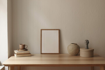 Artistic still life. Blank vertical picture frame mockup on wooden table. Scandi interior decor. Cup of tea, coffee, books. Boho busta sculpture, statue. Vase, round gift box. Beige wall background