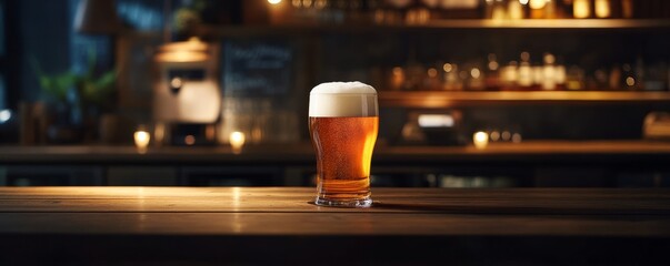 Glass of beer on wooden bar counter