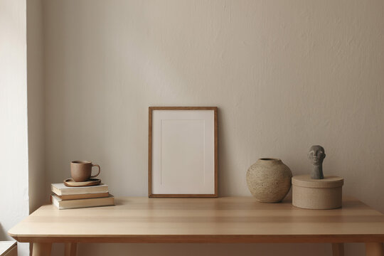 Artistic still life. Blank vertical picture frame mockup on wooden table. Scandi interior decor. Cup of tea, coffee, books. Boho busta sculpture, statue. Vase, round gift box. Beige wall background