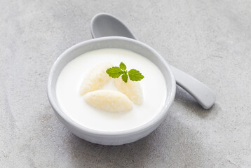 Sweet Milk soup with cottage cheese quenelles. Decorated with fresh mint. Close up