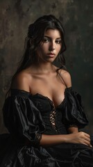 Dramatic portrait of a Latina woman in a gothic black dress, with a pensive expression and elegant styling.