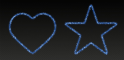 Blue glitter frames, shimmering borders in heart and star shapes, festive holiday sparkles. Christmas decoration. Vector illustration.