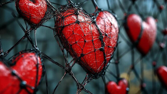 A red heart is trapped within a web of black string, surrounded by other hearts, suggesting a theme of love, entrapment, or connection