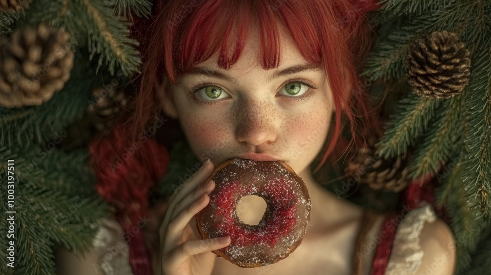 Wall mural A woman with red hair holding a doughnut in front of her face