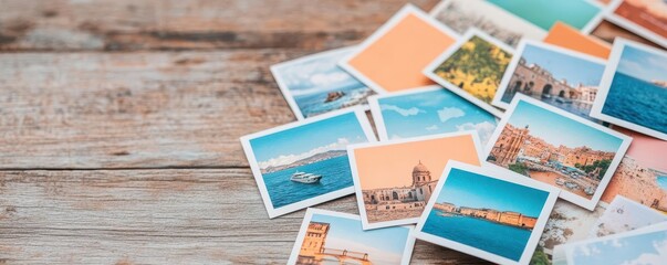 A collection of postcards from around the world, spread on a wooden table, postcards, world, table