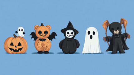Obraz premium This set of Halloween characters includes a pumpkin, vampire, teddy bear, ghost, and grim reaper. They are all separated and ready to be used in designs.