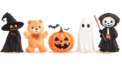Obraz premium This set of Halloween characters includes a pumpkin, vampire, teddy bear, ghost, and grim reaper. They are all separated and ready to be used in designs.